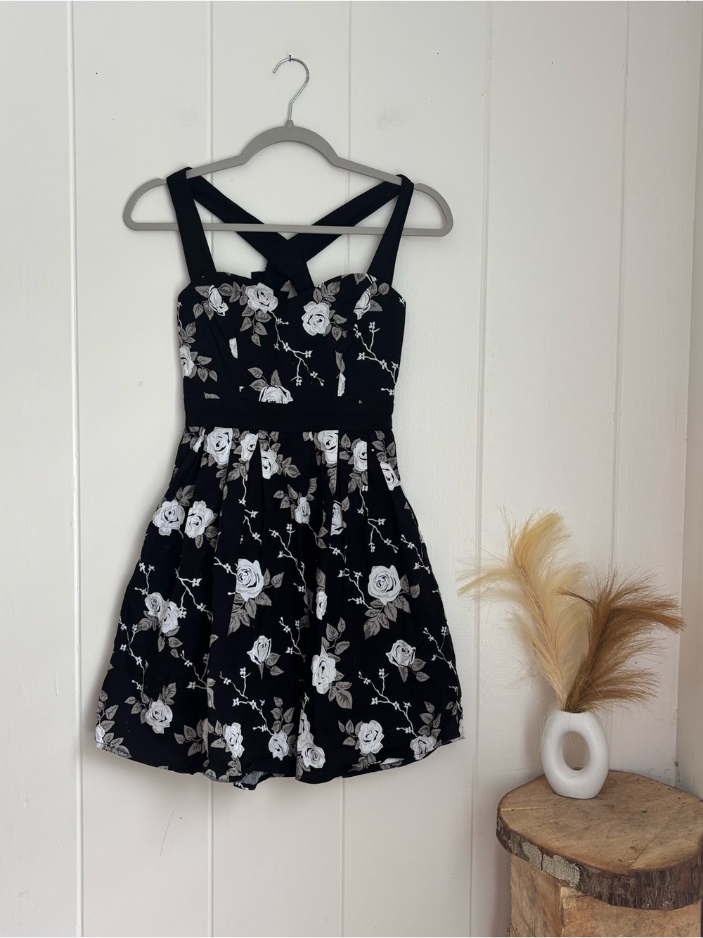 Hell Bunny Black & White Floral Cross-Back Mini Dress